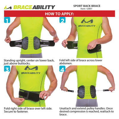 the instruction sheet for the sport back brace is a simple wrap-around style