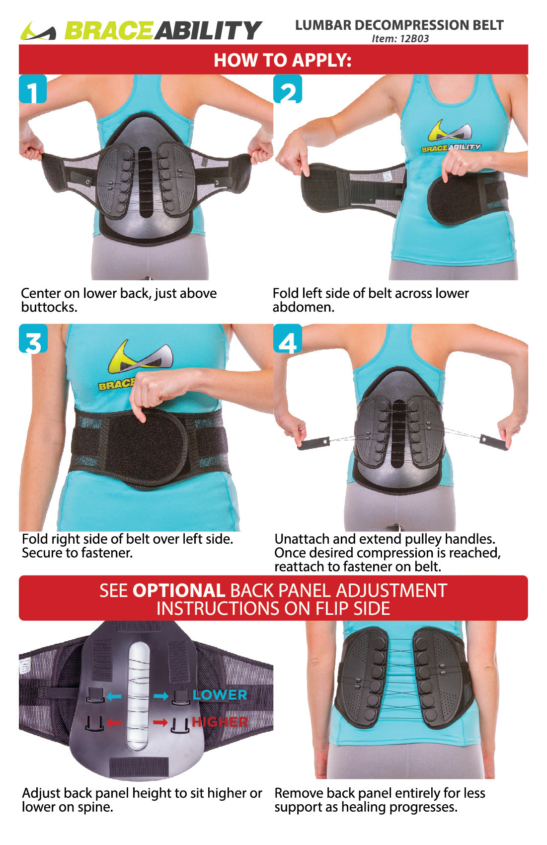 the instruction sheet for the lumbar decompression belt is a simple wrap-around style