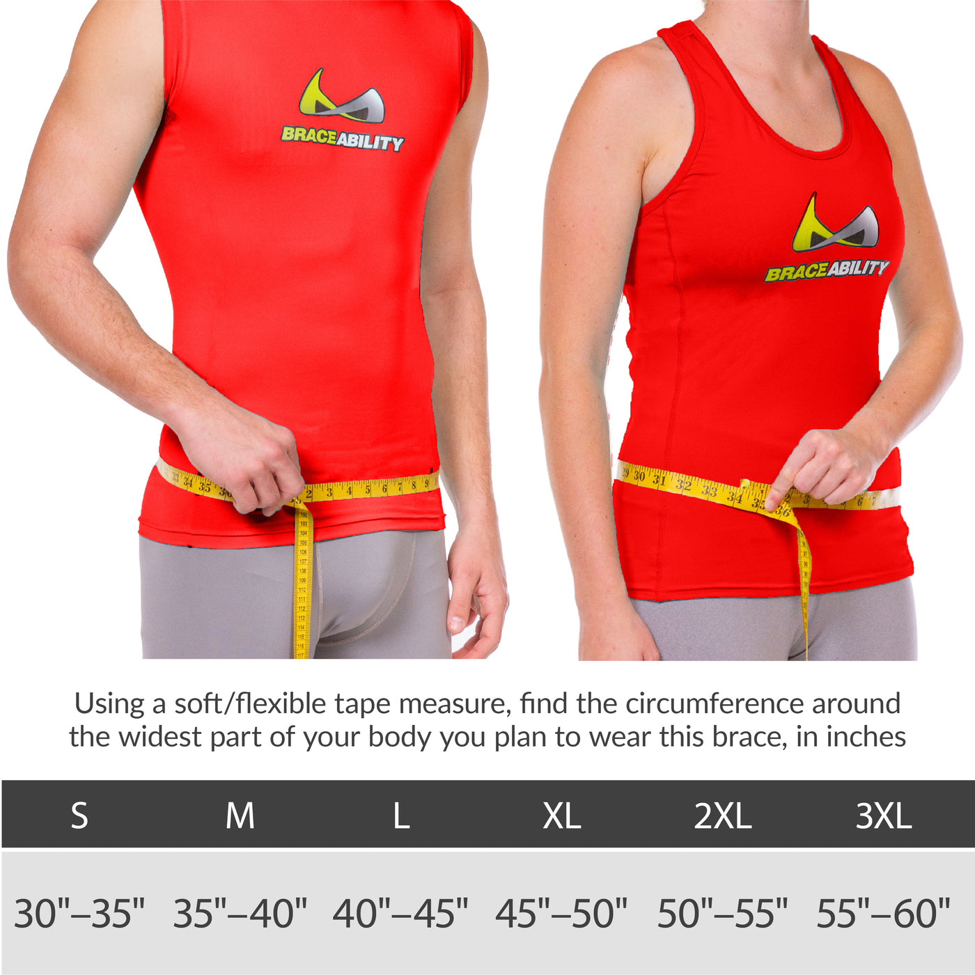 Sizing for the lumbar support back belt comes in 6 sizes fitting hip circumferences from 30 inches to 60 inches