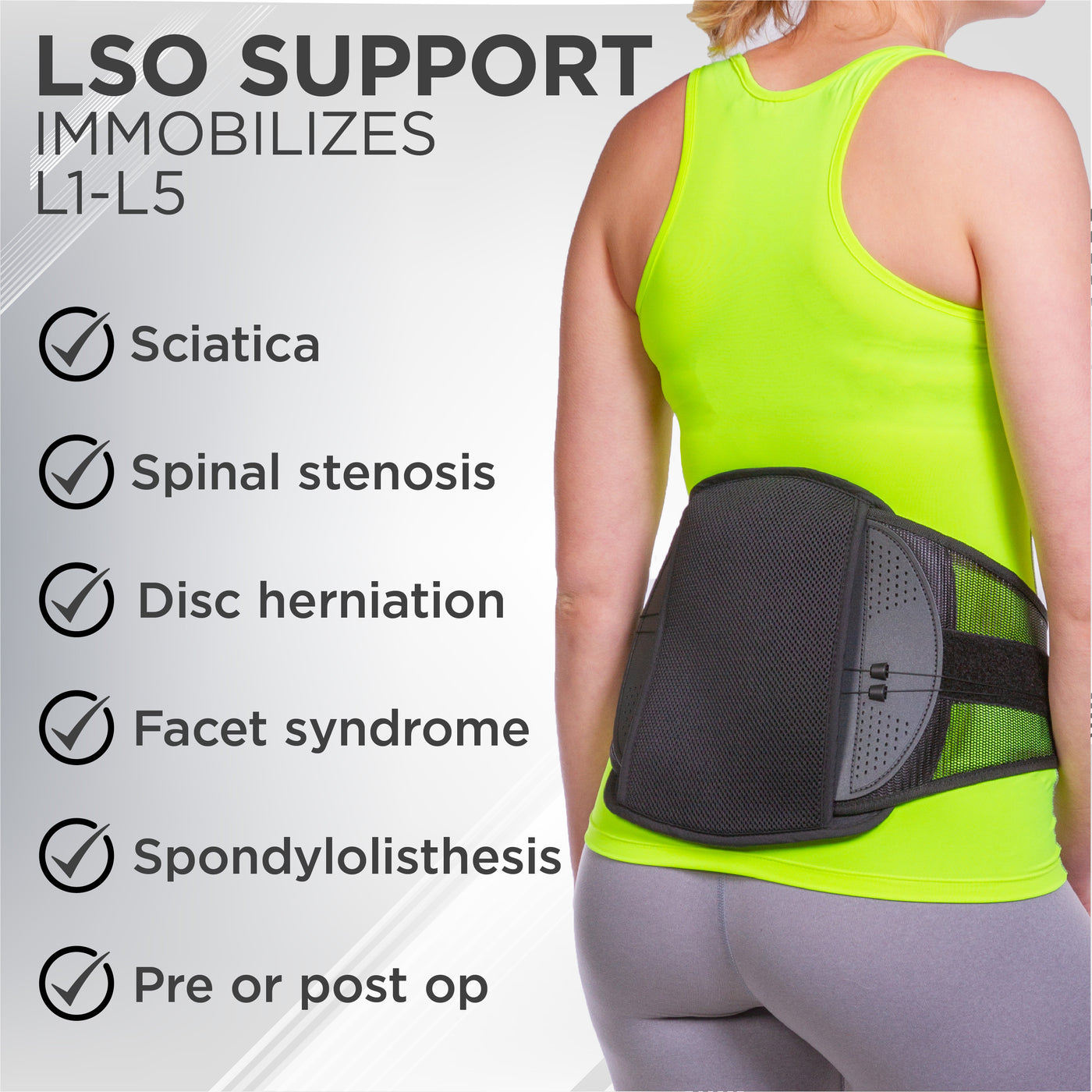 The lso ankylosing spondylolysis support immobilizes l1 to l5 vertebra to relieve spinal stenosis