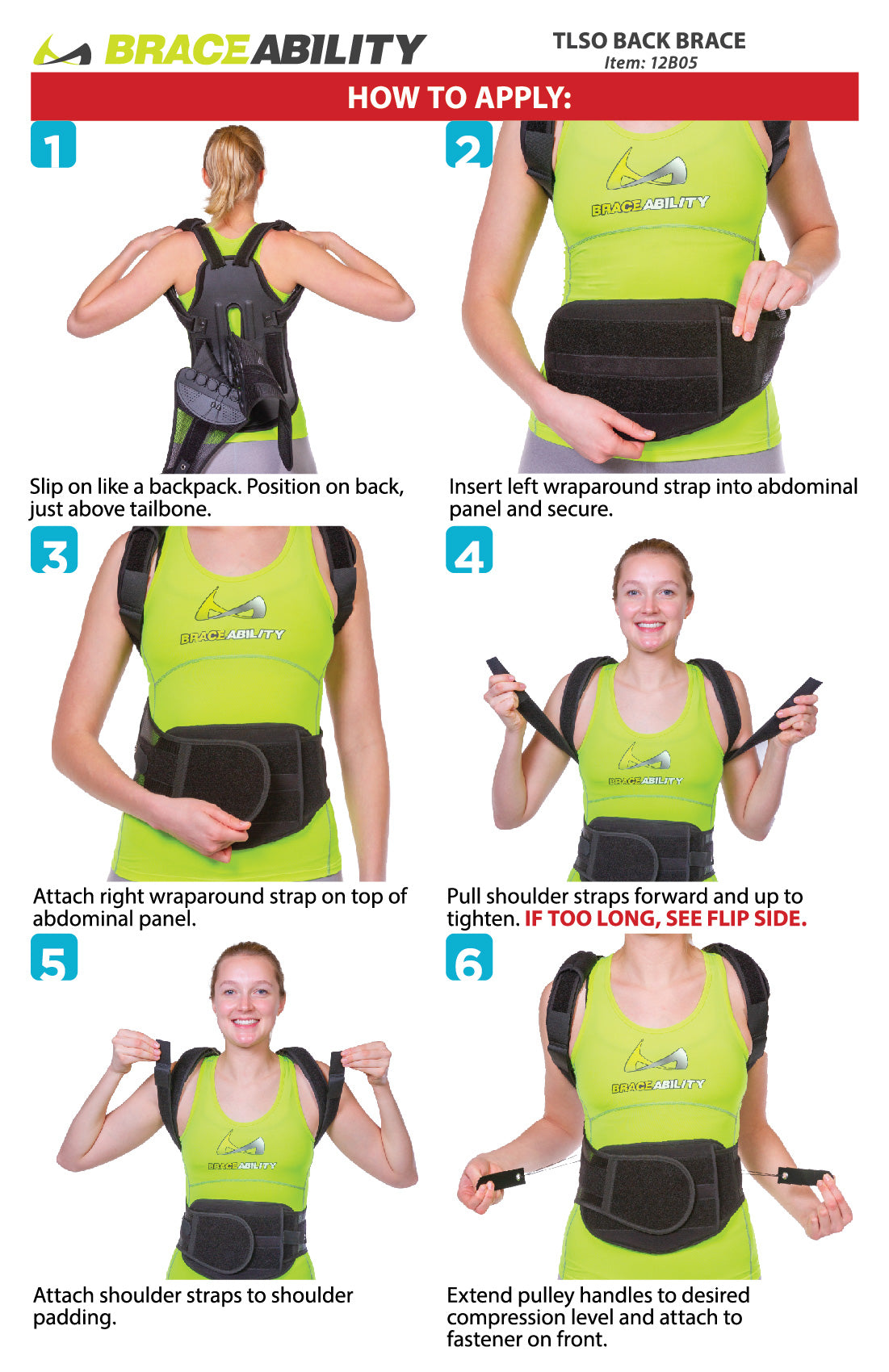 instruction sheet for how to put on the tlso back brace