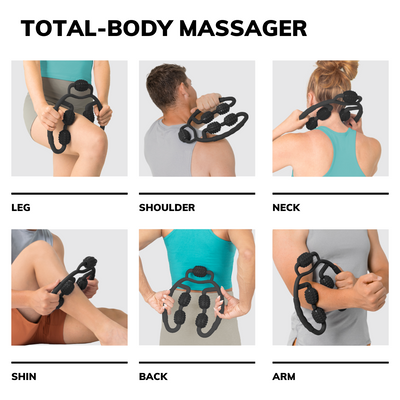 The total-body massager can be used on any sore muscle including legs, arms, neck, shoulder, and back