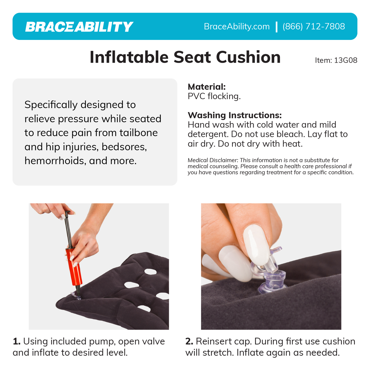 the instruction sheet for the inflatable seat cushion is simple, open valve and inflate to desired compression level.