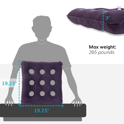 The sizing chart for the pressure relief seat cushion is 19 inches tall and 3 inches thick with a 265 pound weight limit
