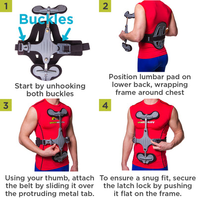 To apply, unhook buckles, wrap frame around chest, and adjust for a secure fit