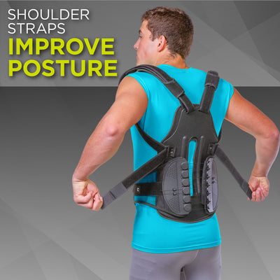 The full back brace has a sternal attachment that prevents the torso from rotating and injuring the back further