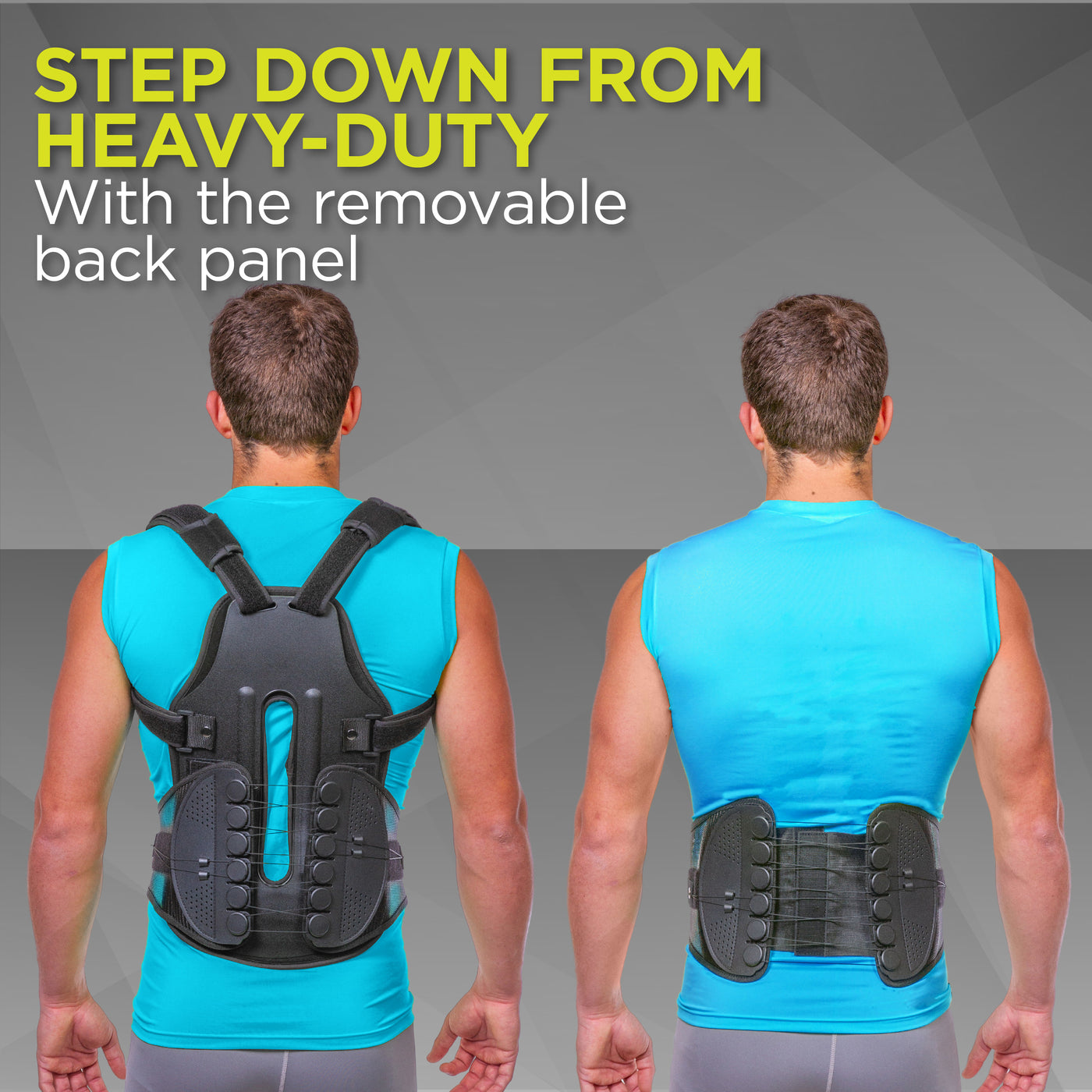 our rigid back support covers the entire thoracic spine region and is easy to put on with the quick-attach buckles