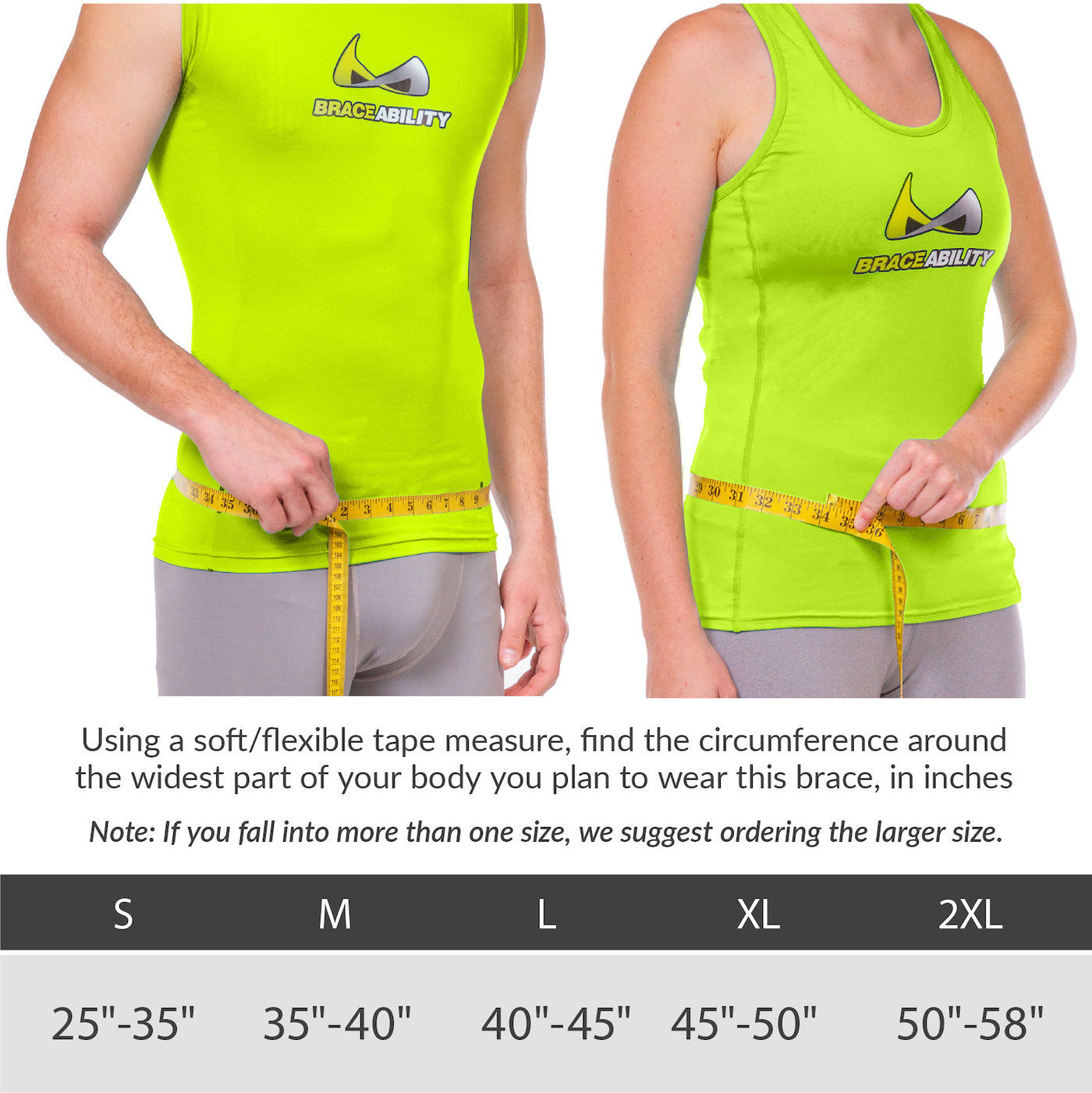 Sizing chart for lordosis back brace. Available in size S/M and L/XL