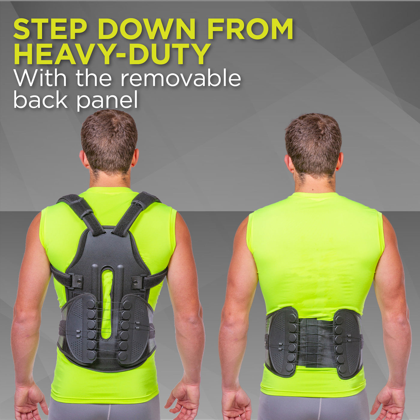 The scoliosis back brace has a removable panel to allow the brace to be worn for step down treatment