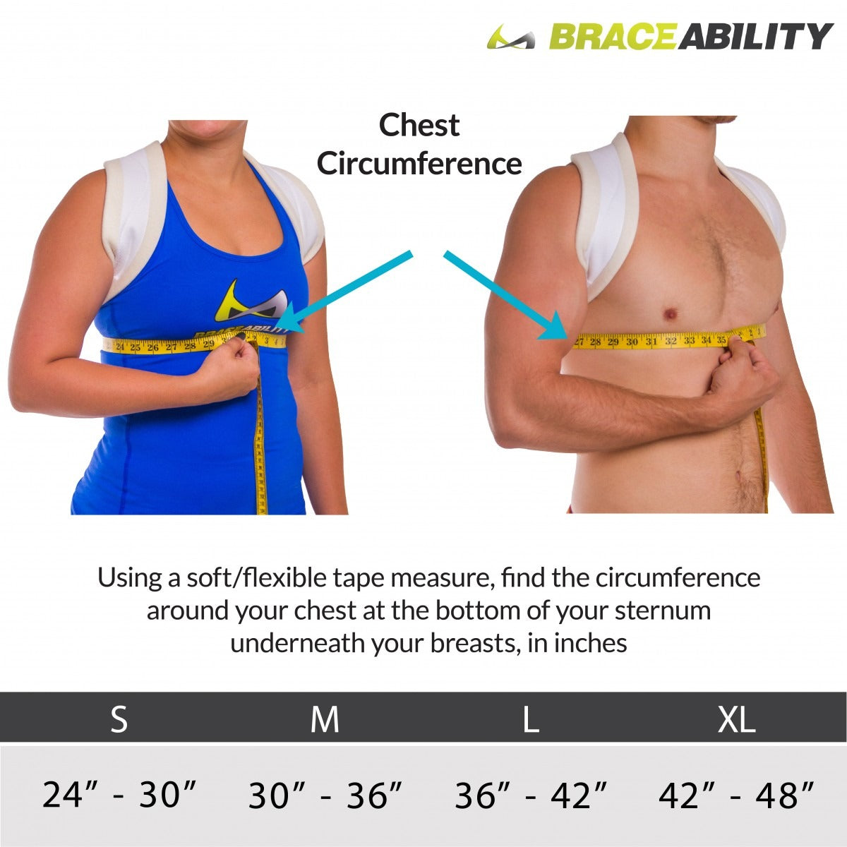 Sizing chart clavicle fracture sling for treating broken collar bones. Available in sizes S-XL.